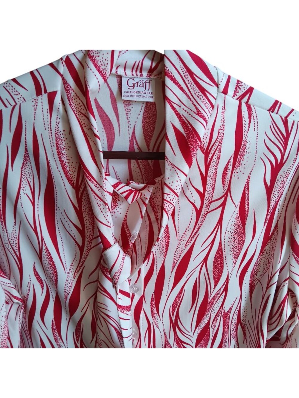 True Vintage Large Secretary Top Graff Blouse Neck Tie  1980's Red Forest Print